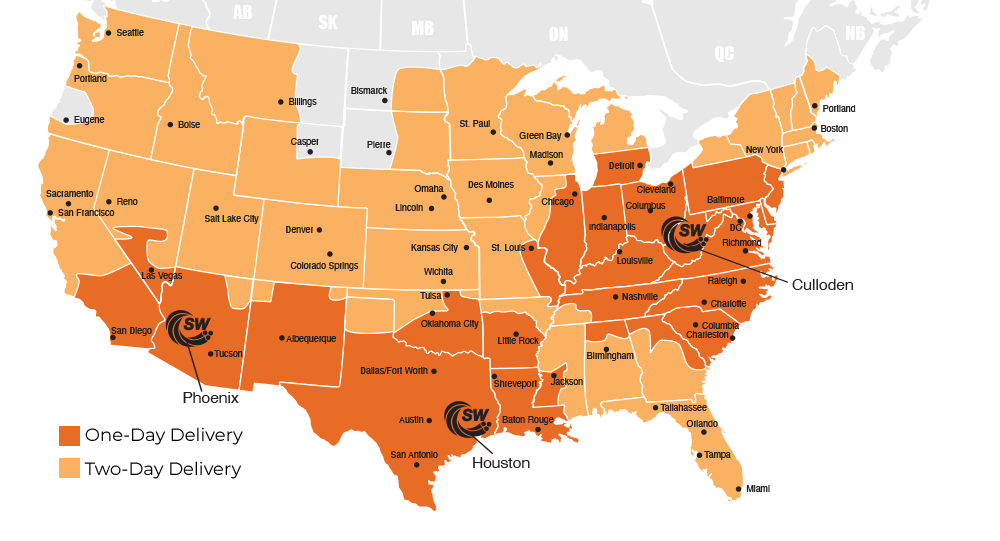 Service Wire One- and Two-Day Delivery Map - Orange